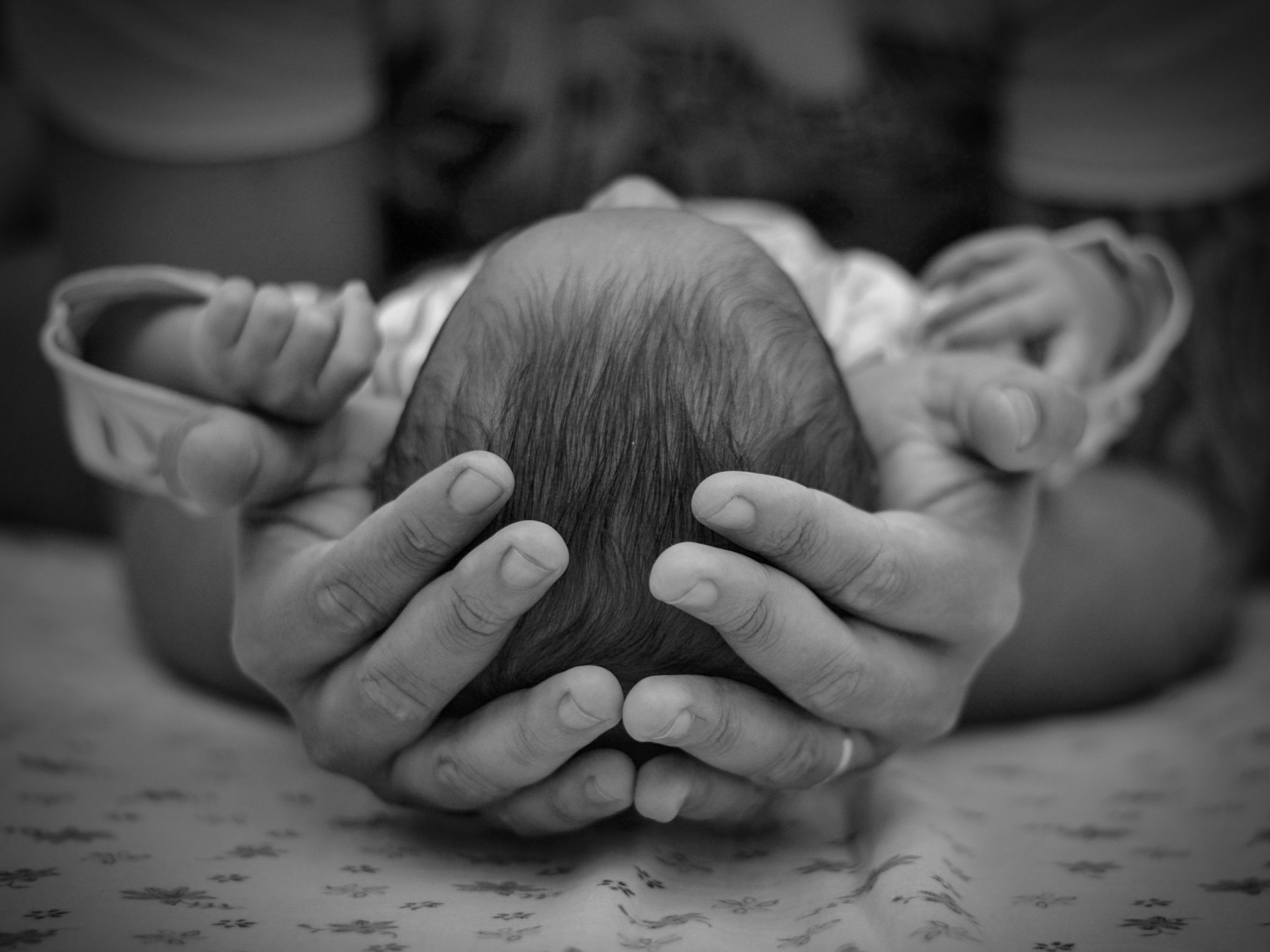 Adult hands gently cupping a baby's head, black and white photo